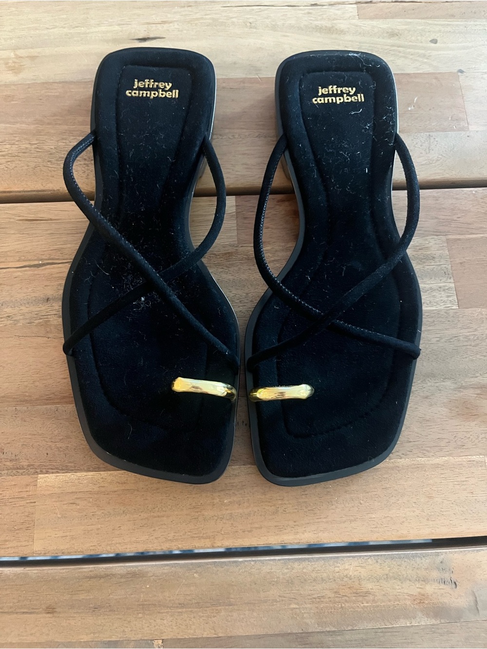 Jeffrey Campbell Black Strappy Sandals with Gold Toe Accent